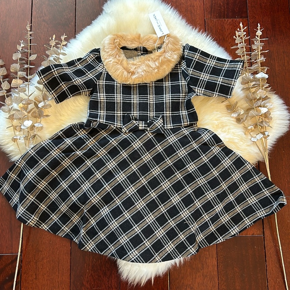 NWT Janie and Jack beige black cream tartan faux fur party holiday dress!
